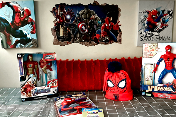 Spiderman hat, toys, and canvases