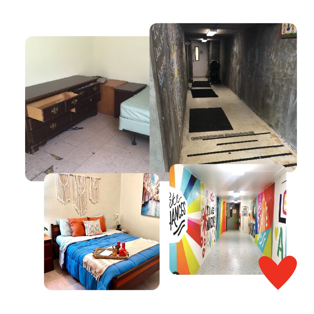 Before and after facility renovations showing a hallway of a shelter and a room