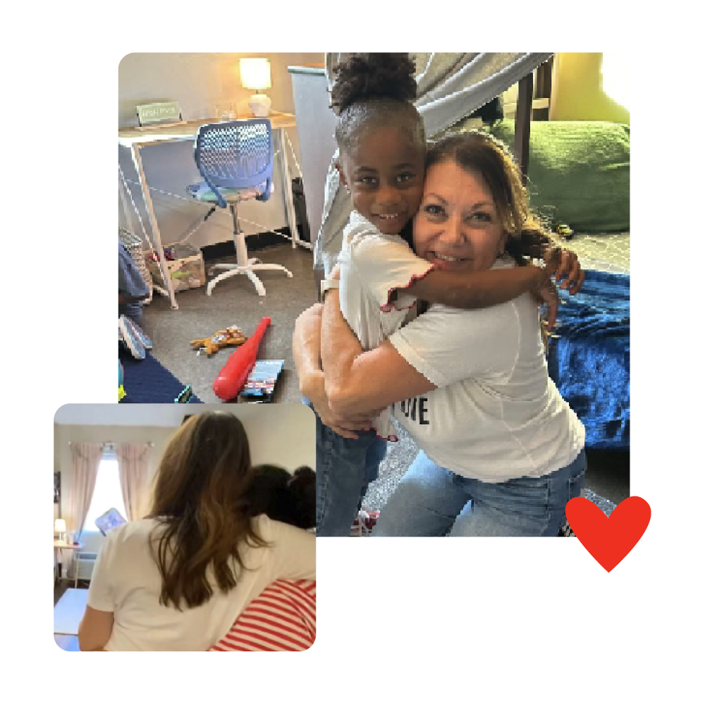 Lotta smiling and hugging a younger girl