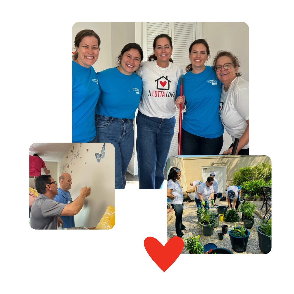 Volunteers smiling, planting new plants, and putting decals on the wall