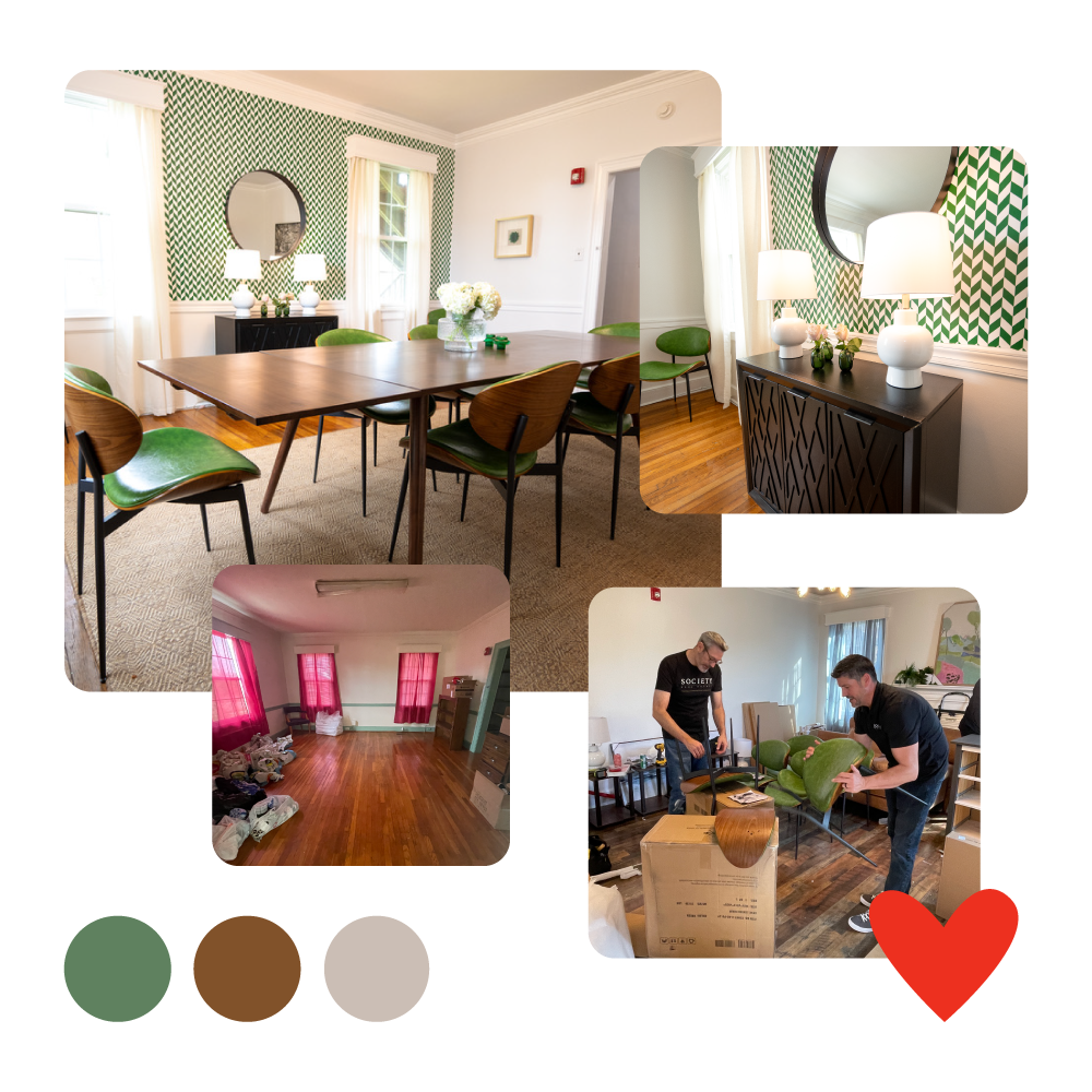 Full shelter renovations moodboard. Showing a dining room, close up of a side table, a before photo, and volunteers helping.