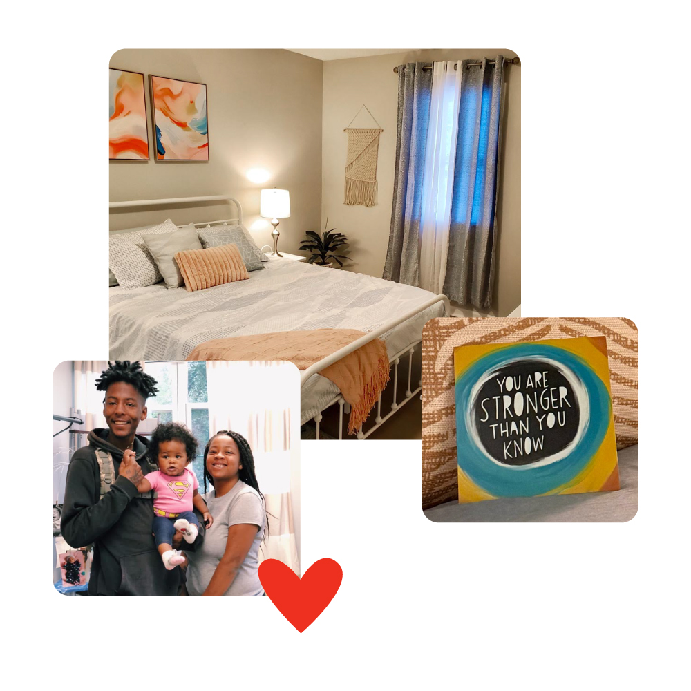 Trauma-Informed Design Moodboard with a redesigned room, a family smiling, and a close up of "You are stronger than you know" canvas.