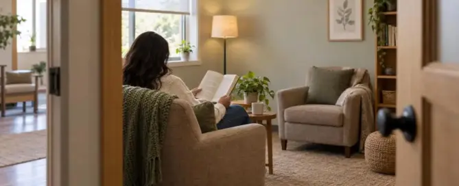 Cozy, welcoming lounge showcasing domestic violence shelter common room ideas