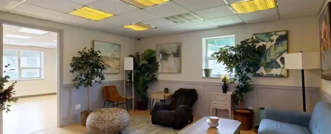 Trauma informed design in a well-lit modern lounge with stylish furniture and indoor plants