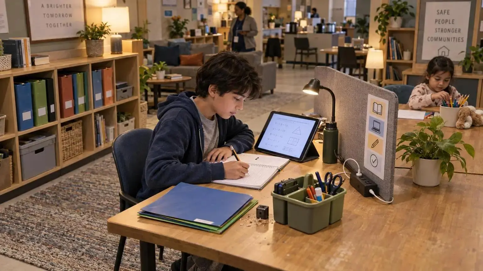 Kids using a study space in shelters with homework stations for different ages